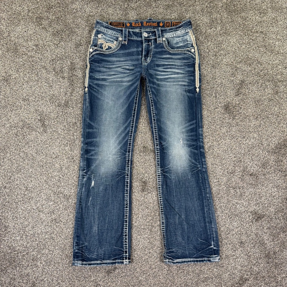 Rock Revival Marcelo Slim Boot Jeans Mens 32 Medium Wash Distressed Western Work